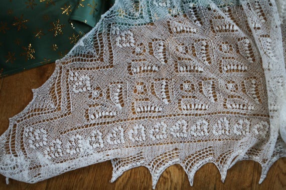 Hand-knitted bright white lace shawl | Flowers and Hearts 2 | soft Lace Wrap, Bridal or Bridesmaid Fashion, ready to ship