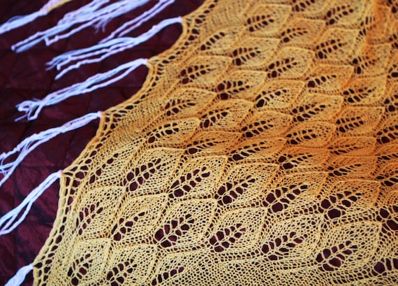 Hand knitted bright yellow lace shawl | Lilac Leaves | with fringes, Soft Lace Wrap, Bridal or Bridesmaid Fashion, ready to ship