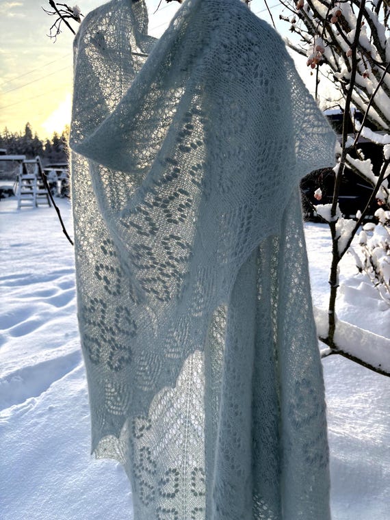 Hand Knitted Mohair Silk Lace Shawl | Peppermint Mist | Triangular Lace Wrap, Ready-Made