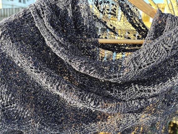 Knitted Lace Shawl | Elegance | Estonian Lace – Night Blue Yarn and Golden Threads, Ready-Made