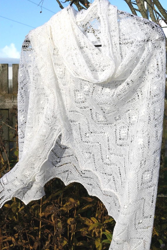 Hand Knitted Lace Shawl | Diamonds | Lace Wrap, Bridal or Bridesmaid Fashion, Ready-Made.