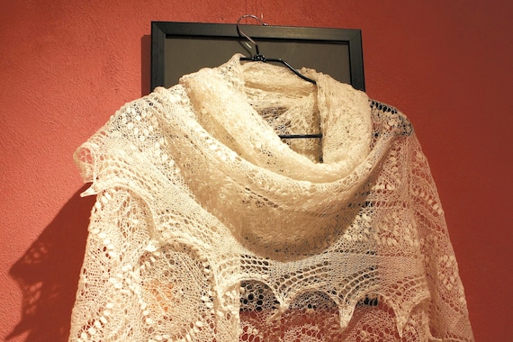 Hand knitted bright white lace shawl | Flowers and Hearts | Soft Lace Wrap, Bridal or Bridesmaid Fashion, ready to ship