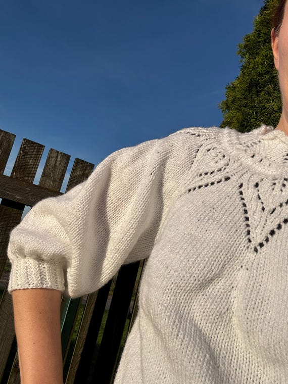 Blouse Knitting PATTERN | Classy White Autumn | Fluffy Three-quarter Sleeves & Lace Neckline (PDF)