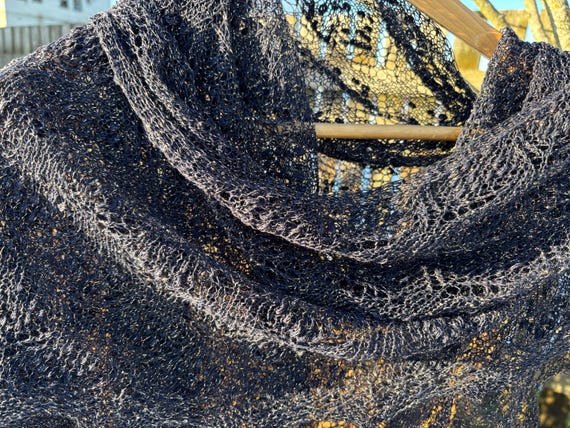 Hand-Knitted Lace Shawl | Elegance | Estonian Lace – Night Blue with Golden Threads, Ready-Made