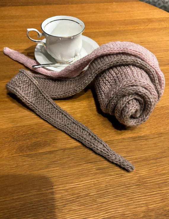 Long Sophie Scarf, Soft Cashmere-Merino Neck Wrap, Triangle Bow Scarf, Hand Knitted, Ready-Made