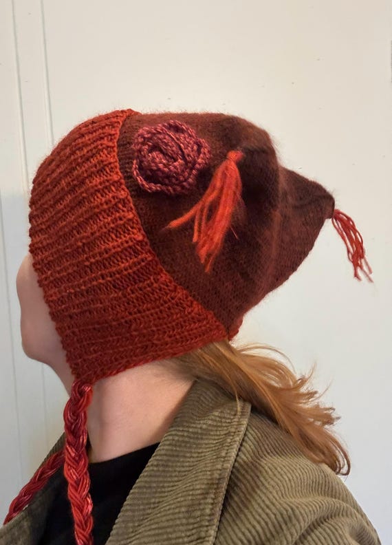 Hand Knitted Cat Ear Cap, Kitty Bonnet, Fluffy Hooded Red Kitty Hat, Kawaii Cat Ear Hoodie