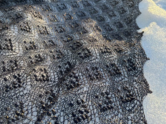 Hand-knitted lace shawl | Elegance |,  night blue lace with golden threads. Authentic Estonian Haapsalu lace. Ready to ship.