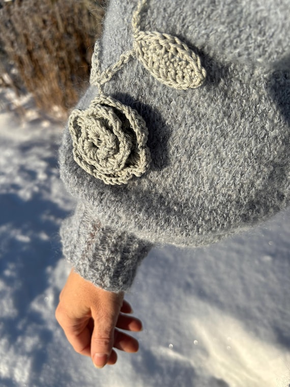 Hand Knitted Sweater | ICE FLOWERS | Cozy Fluffy Sleeves, Wavy Neckline, Ready-Made