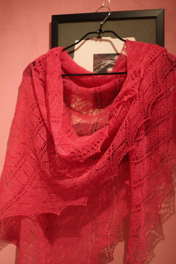 Hand-knitted bright raspberry red lace shawl | Braids and Leaves |. Soft Lace Wrap, Valentine's Gift. Ready to ship.