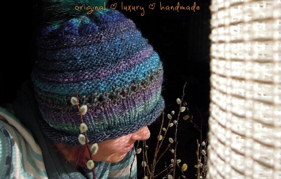 Hand knitted hat | Japanese sky | made from amazing Japanese natural Noro silky yarn, ready to ship