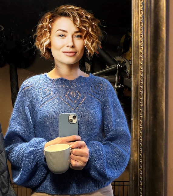 Knitting PATTERN to knit fluffy sleeves sweater | Classy Sky Blue | mohair yarn, soft and silky blouse, easy charts for knitting. PDF