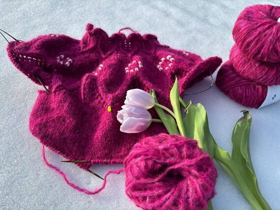 Mohair Sweater | White Berries | Fluffy Sleeves & Lace Neckline