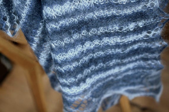 Hand knitted mohair silk lace shawl | Blue Stripes | soft and warm Lace Wrap, Bridal or Bridesmaid Fashion, ready to ship