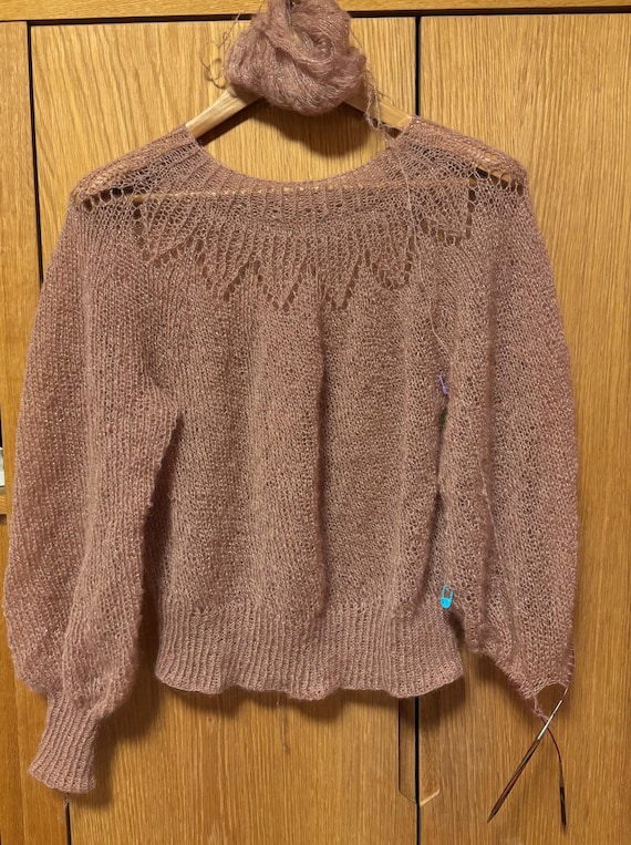 Sweater with golden threads mohair yarn | Mocha Mousse | hand knitted, ready to ship.