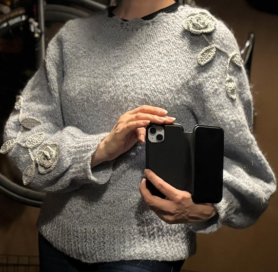 Hand Knitted Sweater | ICE FLOWERS | Cozy Fluffy Sleeves, Wavy Neckline, Ready-Made