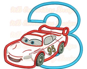 Red Car 3rd Birthday Set Embroidery Applique Design, race car number 1-9 selection, vl-007-3