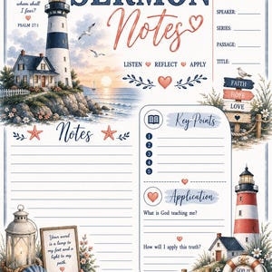 May include: A sermon notes printable sheet featuring a lighthouse, ocean, and coastal elements. Text includes Sermon Notes, Psalm 27:1, Listen, Reflect, Apply, Key Points, Application, Psalm 119:105, Faith, Hope, Love, God Is My Guide, and Pixel & Pen.