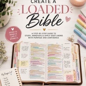 May include: A guide titled How to Create a Loaded Bible with a step-by-step guide to study, annotate, and apply God's word. The open Bible features colorful highlighted text, sticky notes, and tabs. A spiral-bound prayer list notebook is included.