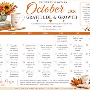 May include: A calendar for October 2026 titled Proverbs 31 Woman Gratitude & Growth. It features a grid with daily prompts, a floral arrangement, stacked books labeled Thankful, Growing, and Faithful, and a mug with the text Proverbs 31 Woman.