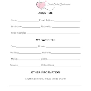 May include: A white questionnaire with the title "Secret Sister Questionnaire" and sections for personal information, favorites, and other details. The top features a heart and cross design. The questionnaire includes prompts for name, email, and hobbies.