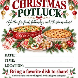 May include: A Christmas potluck invitation flyer featuring a red casserole dish, a lattice-top pie, and assorted holiday cookies. The text reads: CHRISTMAS POTLUCK, Gather for food, fellowship, and Christmas cheer!, DATE:, TIME:, LOCATION:, Bring a favourite dish to share!, Celebrate the season with good food and great company., Sign up to bring a dish or item.