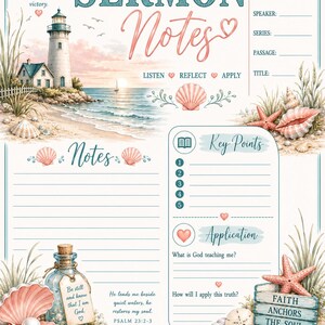 Könnte beinhalten: Eine Predigtnotiz-Seite mit einem Leuchtturm, Muscheln und Seesternen. Der Text enthält 'Sermon Notes', 'Listen Reflect Apply', 'Key Points', 'Application', 'Be still and know that I am God' und 'Faith Anchors The Soul'.