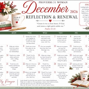 May include: A December 2026 calendar titled Proverbs 31 Woman Reflection & Renewal. It features a grid with daily prayer prompts, a stack of books, a mug with a heart, a gold pen, and festive greenery. The text includes Psalm 51:10.