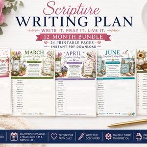 May include: A 12-month scripture writing plan bundle featuring 24 printable pages with floral and seasonal themes. Each page includes a monthly calendar, daily scripture references, and headers for February, March, April, June, and September.