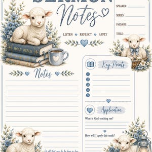 Könnte beinhalten: Ein druckbares Blatt für Predigtnotizen mit Illustrationen von Lämmern, blauen Blumen und Büchern. Der Text umfasst Sermon Notes, Listen, Reflect, Apply, Key Points, Application und 1 Corinthians 16:14. Es gibt Felder für Datum, Sprecher und Bibelstelle.