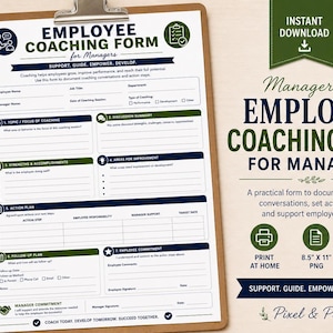 May include: A white paper employee coaching form for managers on a clipboard with dark blue and green text and icons. The form includes sections for topic, discussion summary, strengths, areas for improvement, action plan, and follow-up plan.