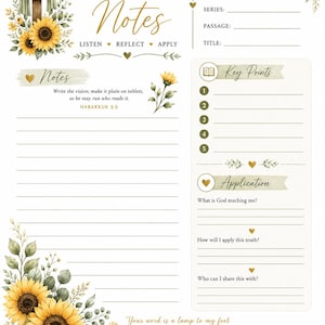 May include: A sermon notes printable sheet featuring sunflowers and a wooden cross. The layout includes sections for date, speaker, series, passage, title, notes with Habakkuk 2:2, key points, and application questions, ending with Psalm 119:105 and Pixel & Pen.