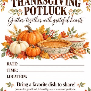 Könnte beinhalten: Ein Thanksgiving-Potluck-Schild mit Kürbissen, einem Kuchen und Herbstblättern. Der Text lautet: THANKSGIVING POTLUCK, Gather together with grateful hearts, DATE, TIME, LOCATION, Bring a favorite dish to share, Sign up to bring a dish or item.