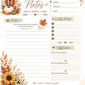 Könnte beinhalten: Eine druckbare Seite für Predigtnotizen mit herbstlichen Illustrationen von Kürbissen, Sonnenblumen und Laub. Das Layout enthält Abschnitte für Datum, Sprecher, Serie, Textstelle, Titel, Notizen, Kernpunkte und Anwendung mit Bibelversen.