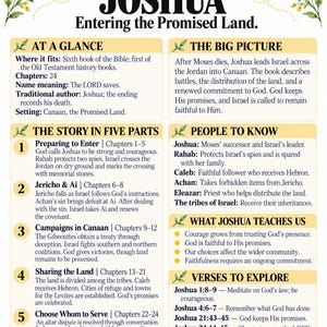 May include: An educational infographic titled Busy Bees Understanding the Bible Joshua Entering the Promised Land. It features sections on the book's overview, story parts, key figures, lessons, and verses, decorated with honeycombs and bees.