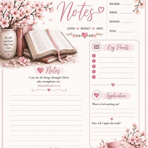 Op de afbeelding: Een sjabloon voor preeknotities met roze kersenbloesems, een open Bijbel en een vaas met de tekst Be still and know that I am God. Bevat secties voor datum, spreker, serie, passage, titel, kernpunten, toepassing en Bijbelverzen.