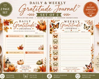 May include: A two-page gratitude journal set featuring daily and weekly templates with autumn-themed illustrations of pumpkins, fall leaves, and butterflies. The pages include sections for daily reflections, lists for appreciation, and lines for weekly entries.