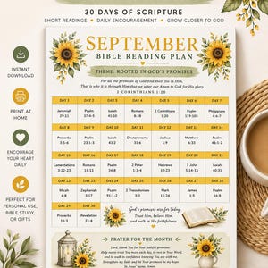 Può includere: Un piano di lettura biblica per settembre con un programma di 30 giorni, illustrazioni di girasoli e il tema Rooted in God's Promises. Il layout include una griglia con versetti giornalieri, una sezione di preghiera e titoli di testo.
