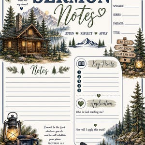 Puede incluir: Una hoja de notas de sermón con una cabaña en el bosque, una linterna y una fogata. El texto incluye "Sermon Notes", "Listen, Reflect, Apply", "Be still and know that I am God", "Faith over fear", "Commit to the Lord" y "Where God guides, He provides."