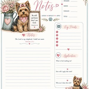 Könnte beinhalten: Ein druckbares Blatt für Predigtnotizen mit einem Yorkshire Terrier mit rosa Schleife und Halstuch, einem Blumenkrug und einem Schild mit der Aufschrift Be still and know that I am God. Das Layout enthält Abschnitte für Datum, Sprecher und Notizen.