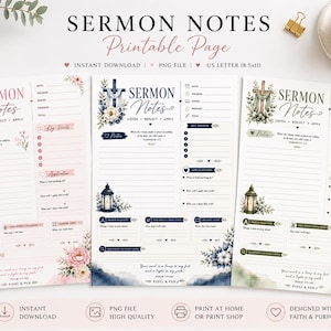 May include: Three printable sermon notes pages in pink, blue, and green color schemes. Each page features the text SERMON NOTES, sections for date, speaker, scripture, key points, application, and prayer requests, with floral and lantern illustrations.