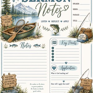 Peut inclure: Une feuille de notes de sermon sur le thème de la pêche avec un bateau, un lac, des montagnes et du matériel de pêche. Le texte inclut "Sermon Notes", "Listen, Reflect, Apply", "Key Points", "Application" et des phrases religieuses comme "Cast your cares on Him".