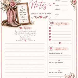 May include: A sermon notes printable sheet featuring a western theme with pink cowboy boots, a cowboy hat, a lasso, and floral accents. The page includes sections for date, speaker, series, passage, title, key points, application, and lined notes.