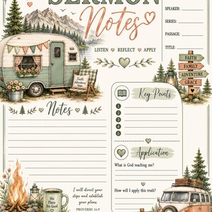 May include: A sermon notes printable sheet featuring a vintage camper, a van, a campfire, and a Bible. The page includes sections for date, speaker, series, passage, title, key points, and application, with text reading Be still and know that I am God.