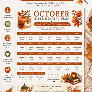 May include: A printable October Bible reading plan document featuring a calendar grid for 31 days of scripture references. The design includes autumn-themed illustrations of pumpkins, fall leaves, a lantern, and books, with the text Psalm 37:5.