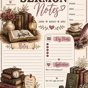 Puede incluir: Una página de notas de sermón con ilustraciones de libros antiguos, una linterna, una taza de té y una pluma. El texto incluye Salmo 119:105, Sermon Notes, Listen, Reflect, Apply, Key Points, Application, Salmo 46:10 y la marca Pixel & Pen.