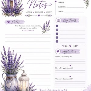 Könnte beinhalten: Ein druckbares Predigtnotizblatt mit Lavendel-Illustrationen, einem Holzkreuz mit violettem Stoff und einer Laterne. Die Seite enthält Abschnitte für Datum, Sprecher, Serie, Bibelstelle, Titel, Notizen, Kernpunkte und Anwendung mit Bibelversen.