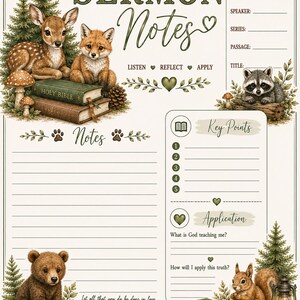 Könnte beinhalten: Eine Seite für Predigtnotizen mit Waldtieren wie einem Reh, Fuchs, Waschbären, Bären und Eichhörnchen. Das Layout enthält Abschnitte für Datum, Sprecher, Serie, Passage, Titel, Kernpunkte und Anwendung, mit dem Text Sermon Notes.