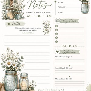 Könnte beinhalten: Eine druckbare Seite für Predigtnotizen mit einem Holzkreuz, Einmachgläsern mit weißen Blumen und Kerzen. Der Text enthält Sermon Notes, Listen Reflect Apply, Date, Speaker, Series, Passage, Title, Key Points, Application und Bibelverse.