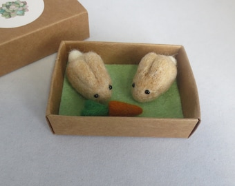 Tiny bunny rabbits in a matchbox, felted ornament small gratitude gift keepsake totem