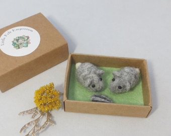 Tiny gray hamsters in a matchbox, felted ornament small gratitude gift keepsake totem